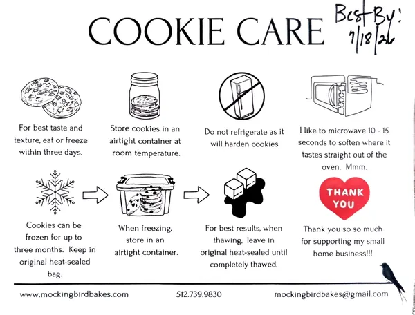 Mockingbird Bakes' cookie care, no refrigeration, microwave for best results