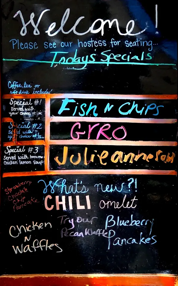 Chalkboard specials: Fish 'n Chips, Gyro, a chili omelet. A wild mix