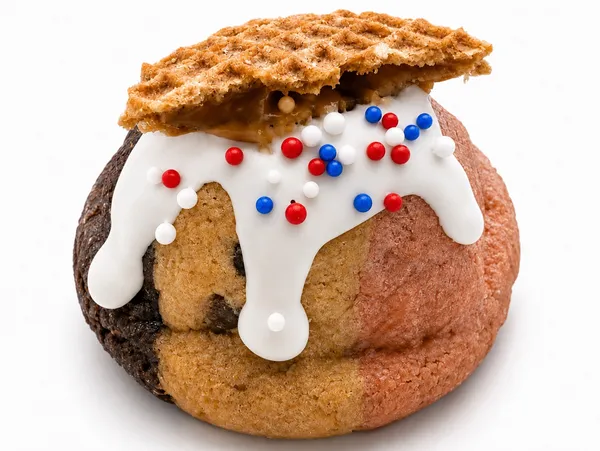 Tri-color cookie, icing, sprinkles, and a waffle. An unexpected, sweet collision